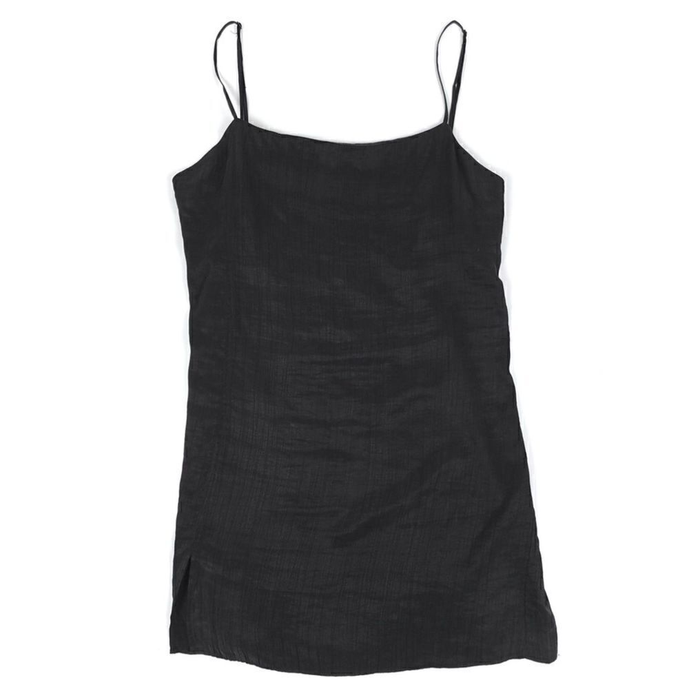 ZARA 90s Micro Mini Square Neck Cami Slip Dress Thigh Slit Black Crinkle Small